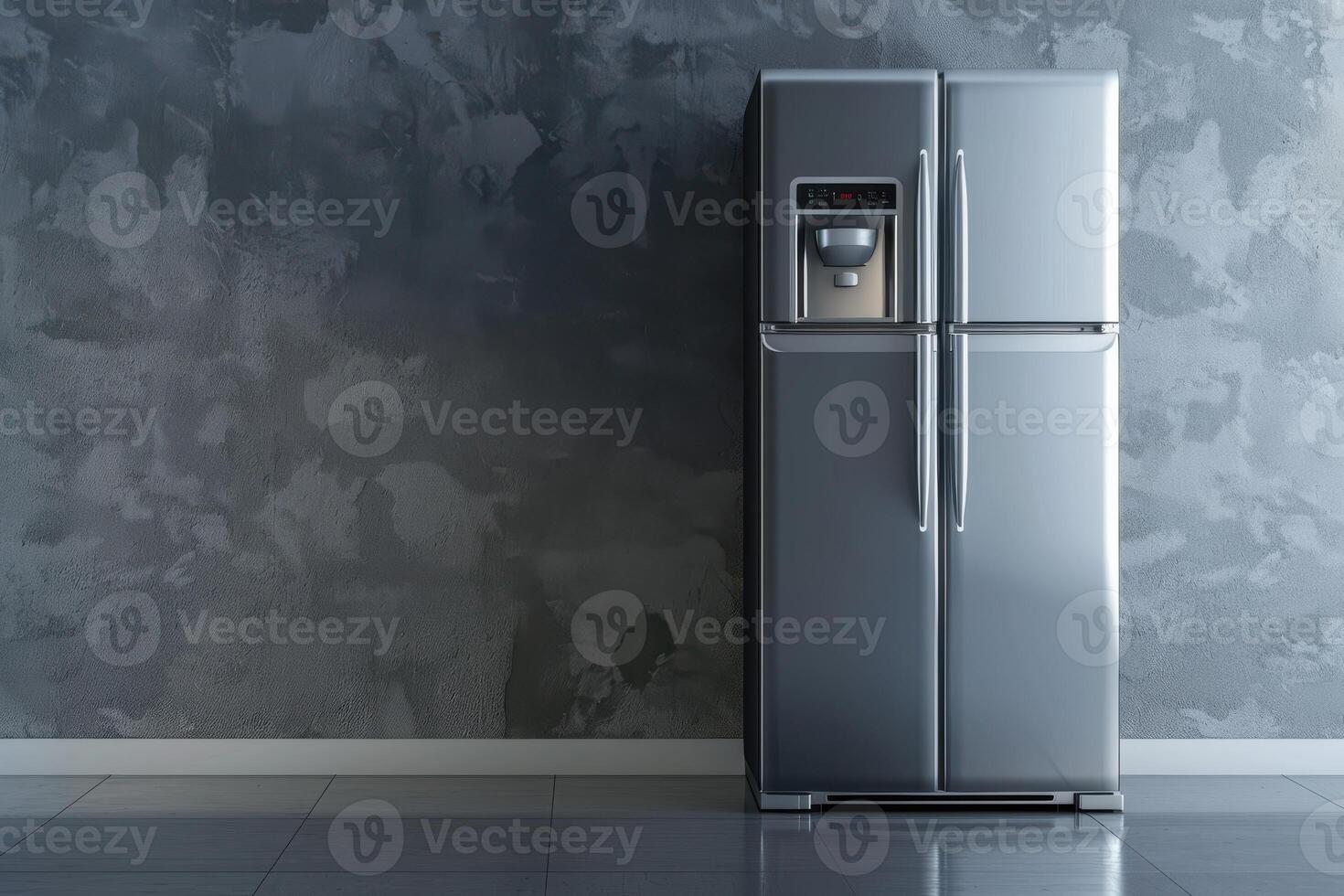 Modern stainless steel refrigerator in a minimalist kitchen setting with gray walls and tiled floor during daylight photo