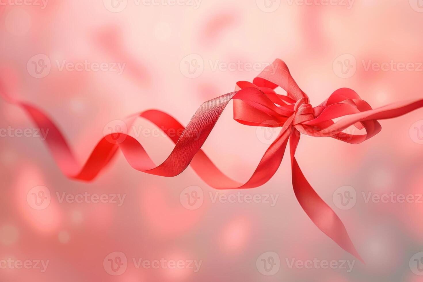 Red ribbon tied in a bow, elegantly floating against a soft pink background with scattered petals photo