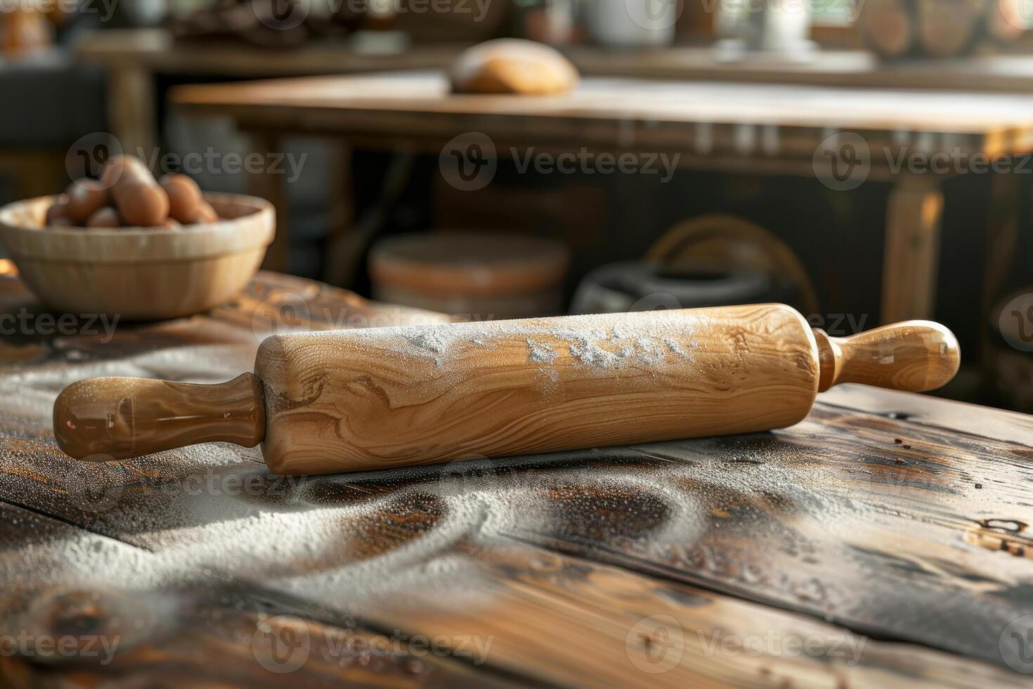Wooden rolling pin resting on a floured wooden table in a cozy bakery setting during daylight photo