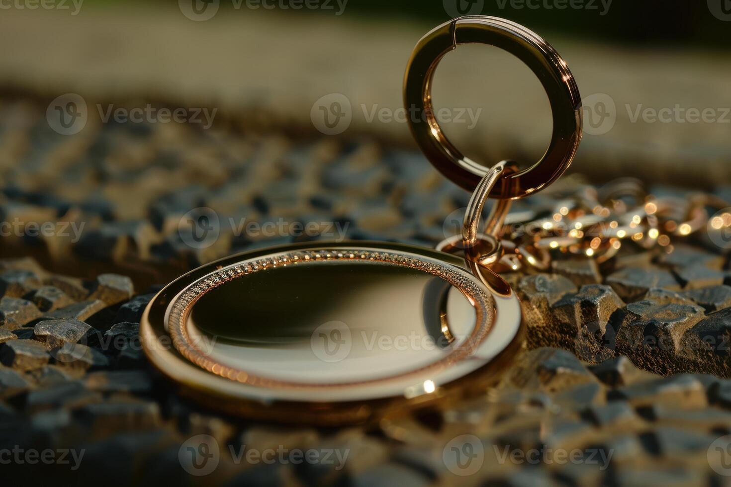 A close-up view of a gold pendant mirror resting on a textured stone surface during daylight photo