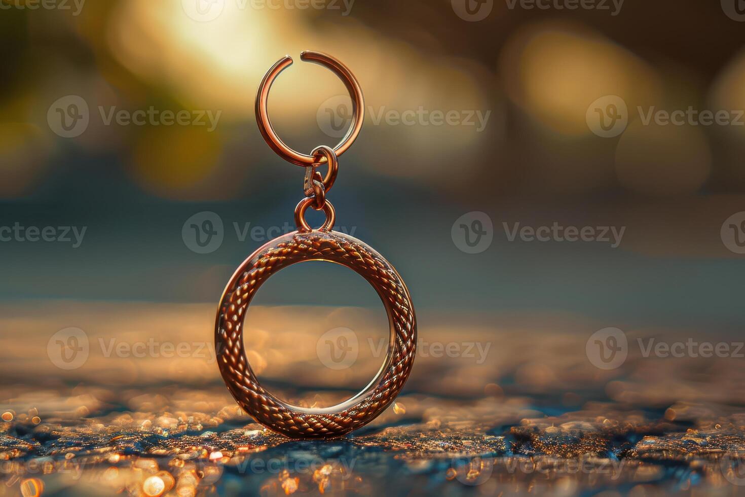 Hanging copper hoop earring on a textured surface during sunset photo
