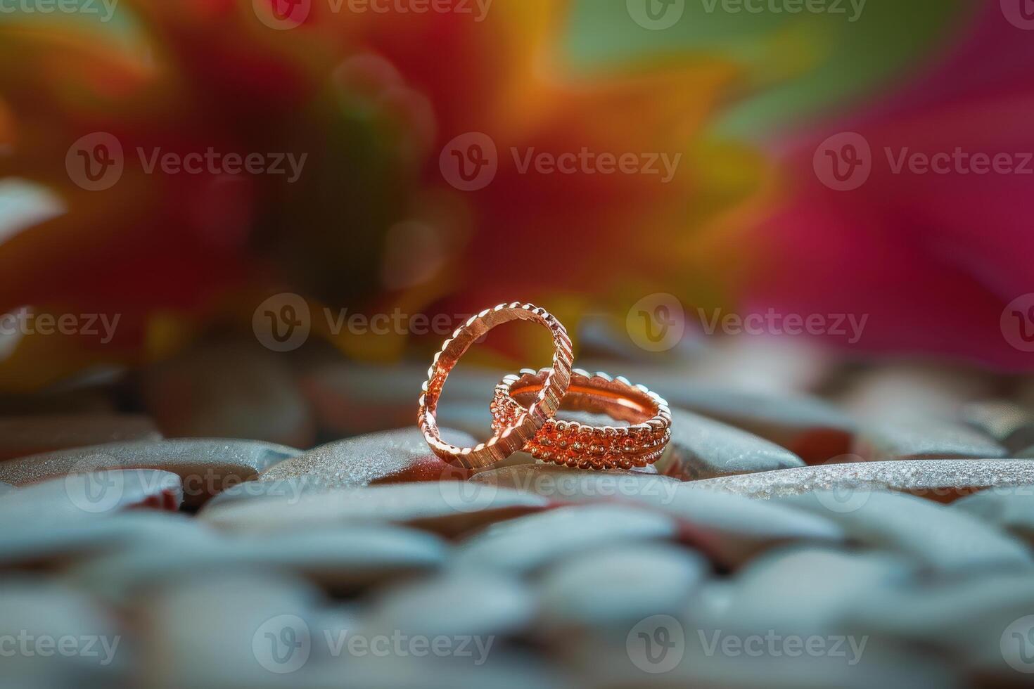 Beautiful rose gold rings resting on decorative stones with vibrant flowers in the background, captured in natural light photo