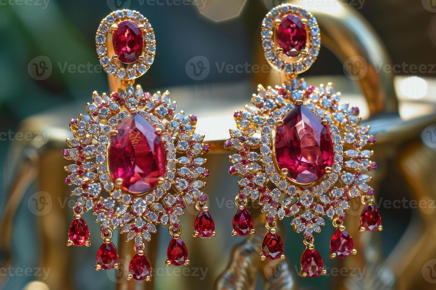 Elegant red gemstone earrings displayed with intricate detailing in natural light photo