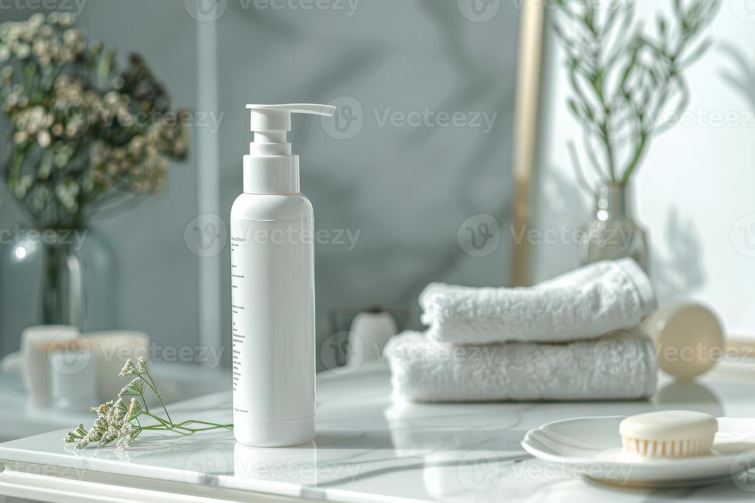 White skincare bottle on a bathroom countertop with towels and decorative elements in natural light photo