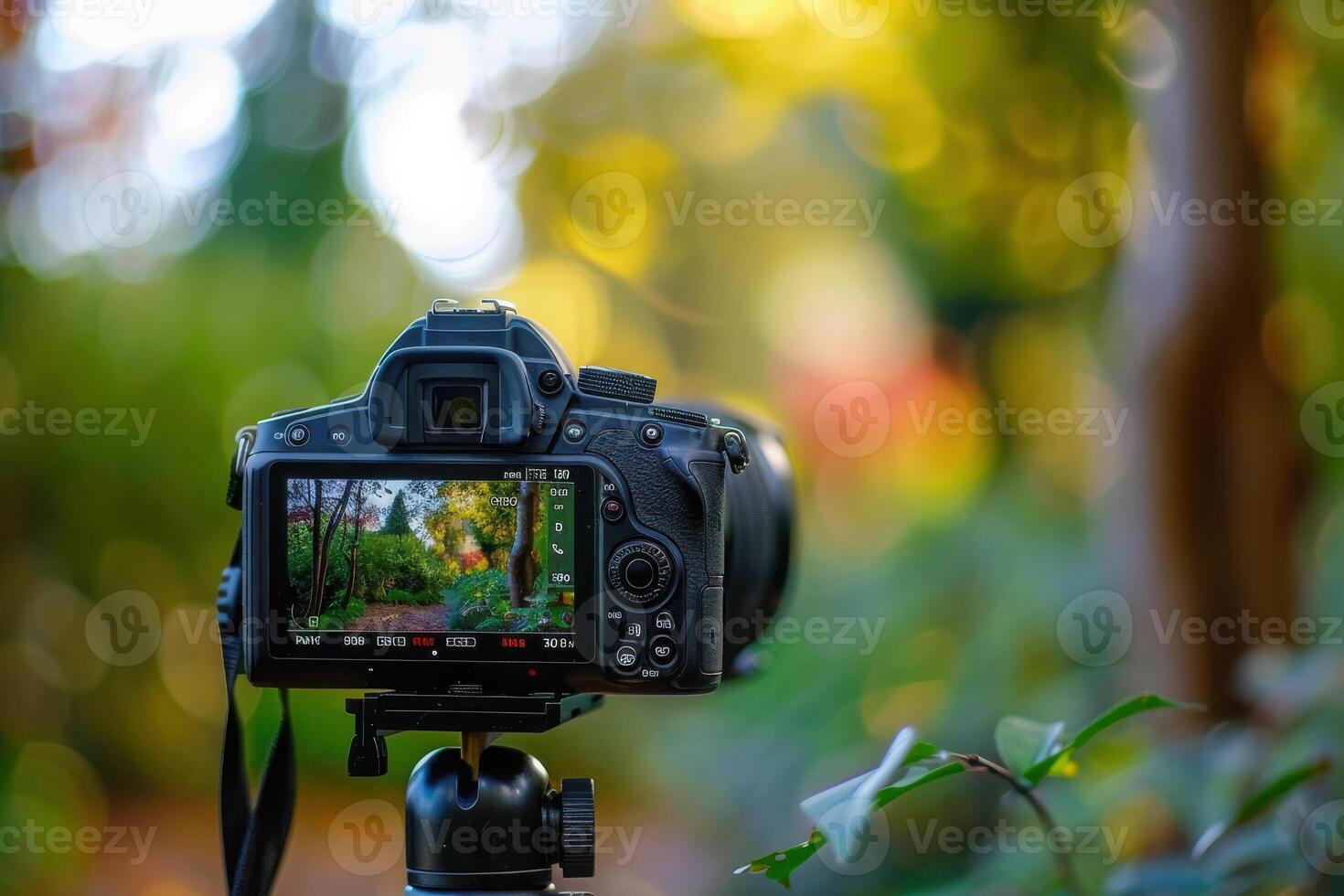 A camera on a tripod captures a vibrant garden during golden hour in a lush outdoor setting photo