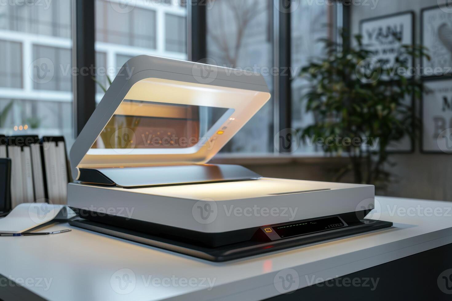 Modern document scanner on a sleek desk in a bright office with plants and large windows photo