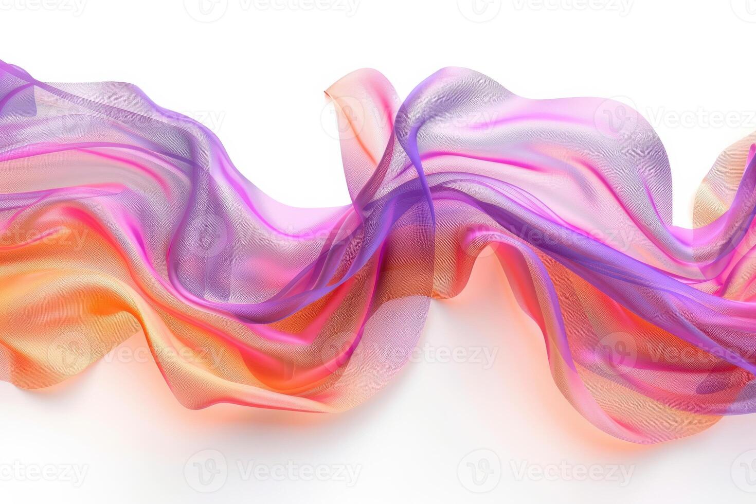 Flowing fabric in shades of purple, pink, and orange illuminated against a white background photo