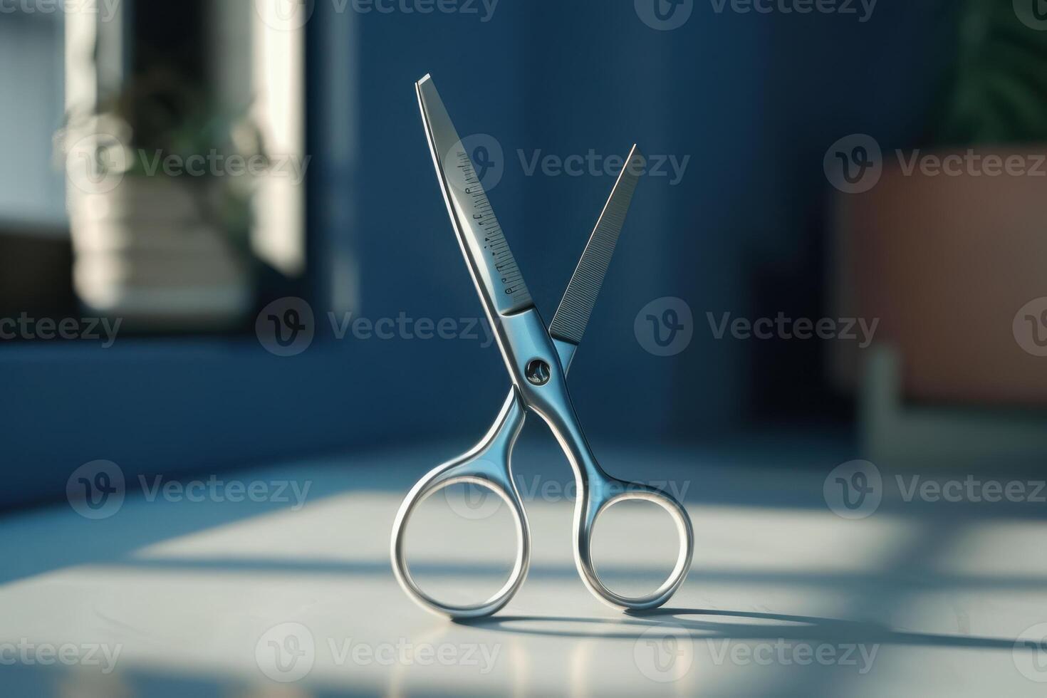 Shiny silver scissors placed on a table with soft sunlight streaming through a window in a modern workspace photo