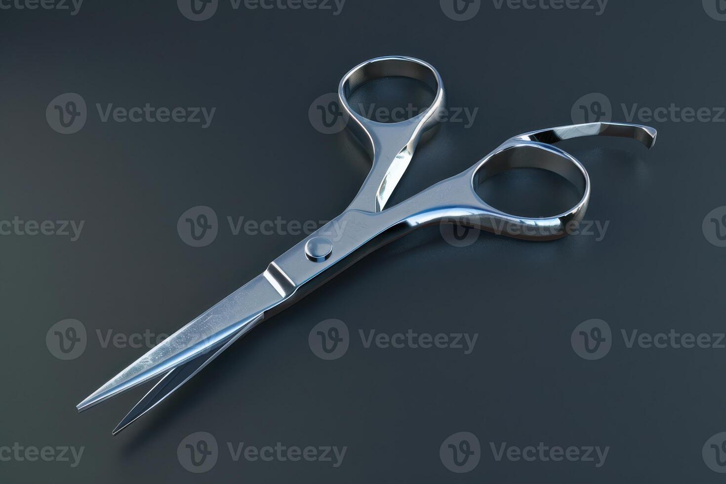 Metal scissors lying on a dark surface with a sleek design photo