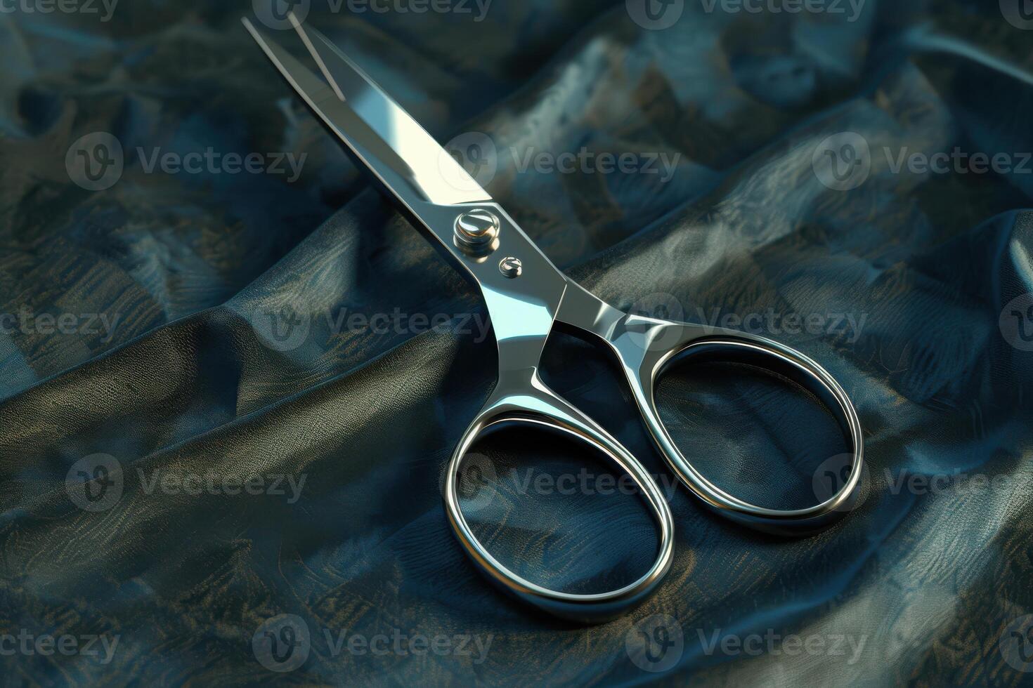 Shiny stainless steel scissors resting on a textured dark fabric surface in soft lighting photo