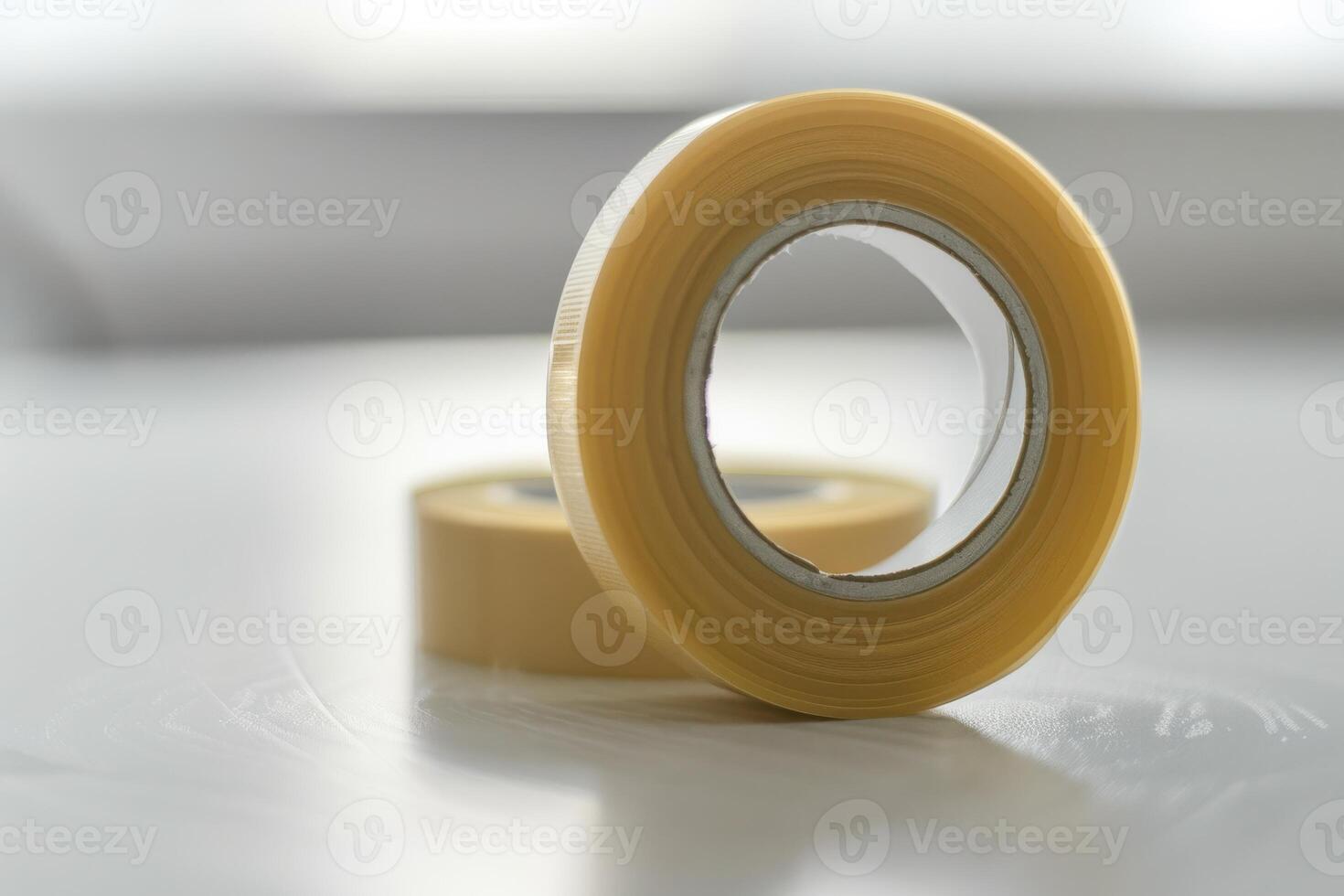 Two rolls of clear adhesive tape on a flat surface with natural light in the background photo