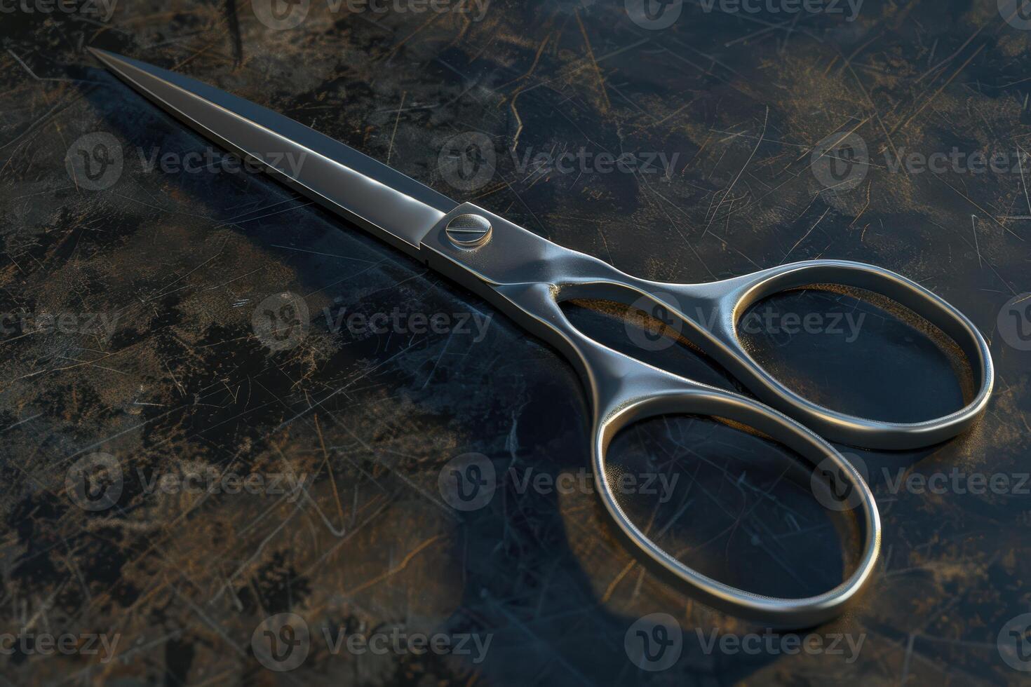 A pair of stainless steel scissors resting on a textured dark surface in a well-lit workspace photo