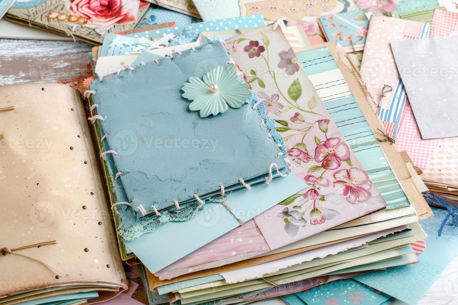 Detailed scrapbooking materials arranged on a table with a vintage feel, showcasing handmade decorative elements and various textured papers photo