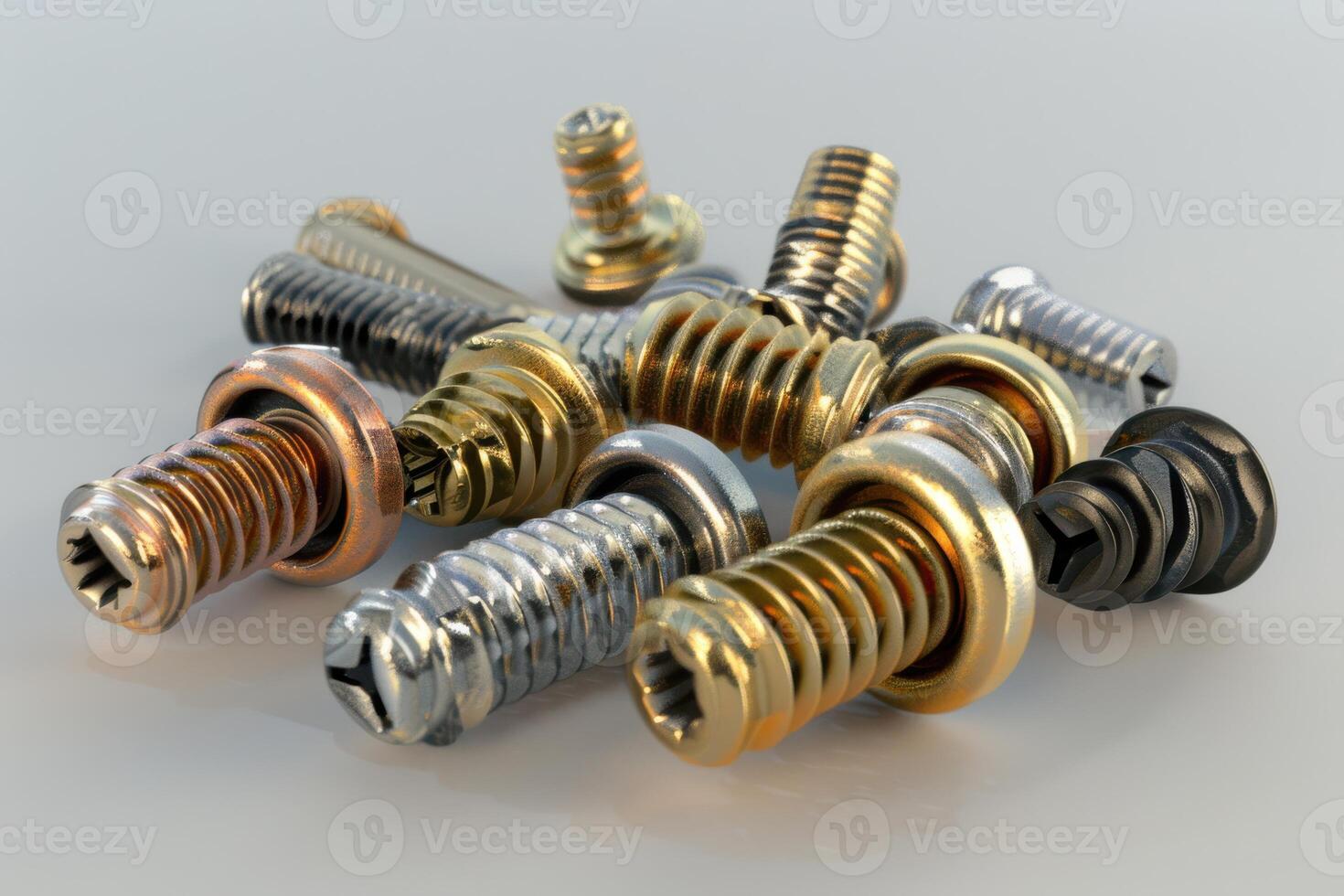 A collection of various screws arranged on a light background showcasing different materials and finishes photo