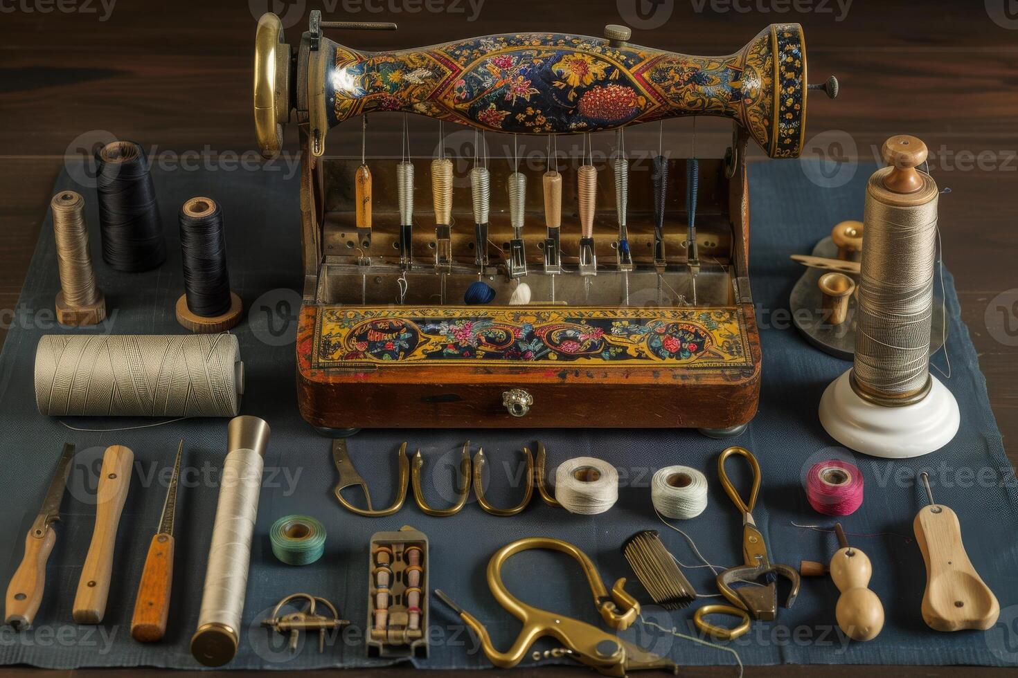 Vintage sewing tools and equipment displayed on a wooden table in a well-lit workshop photo