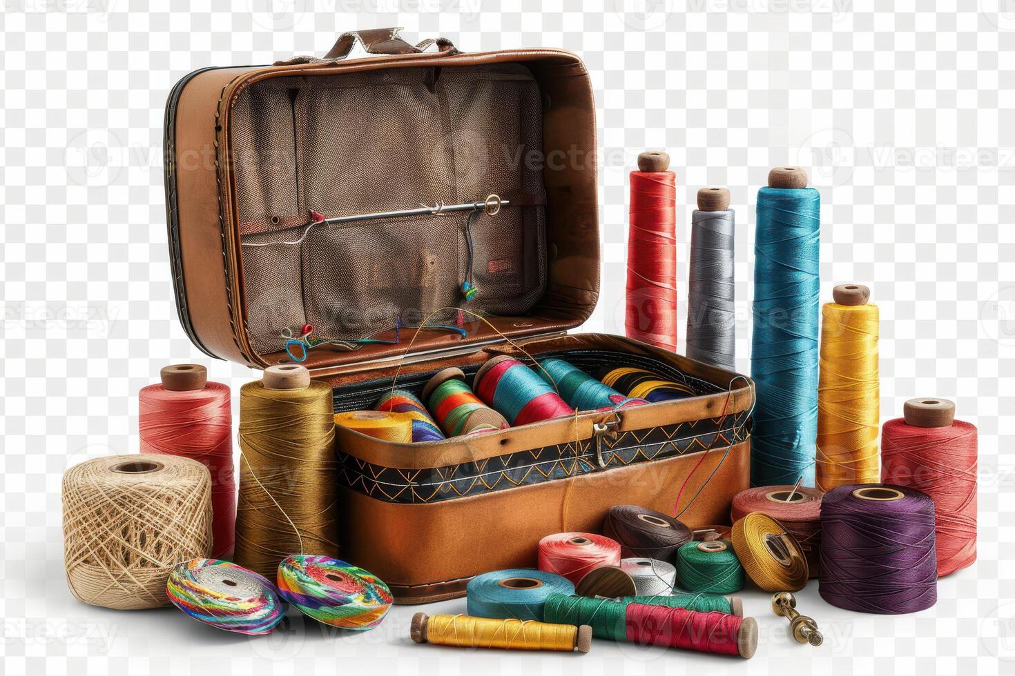 Colorful sewing threads and tools arranged in an open vintage sewing case on a white background photo