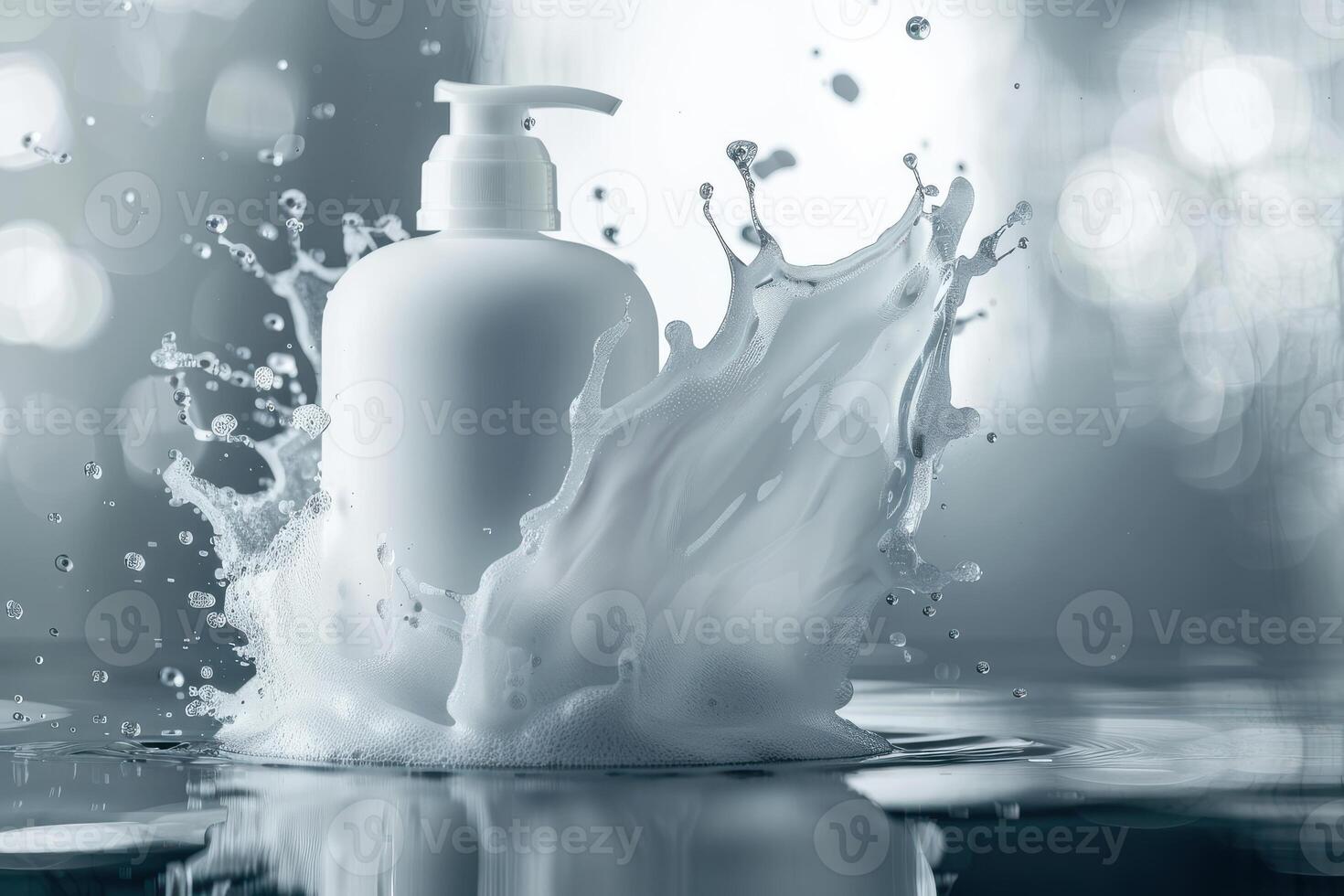 A white pump bottle splashes into calm water, creating ripples and droplets in a serene environment photo