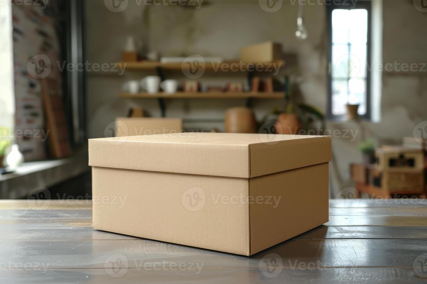 A brown cardboard box placed on a wooden table in a cozy, minimalistic indoor space filled with plants and pottery photo
