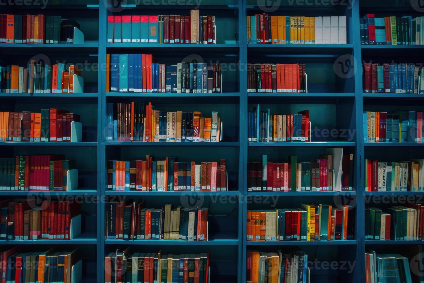 A colorful bookshelf filled with various books in a library setting during the daytime photo