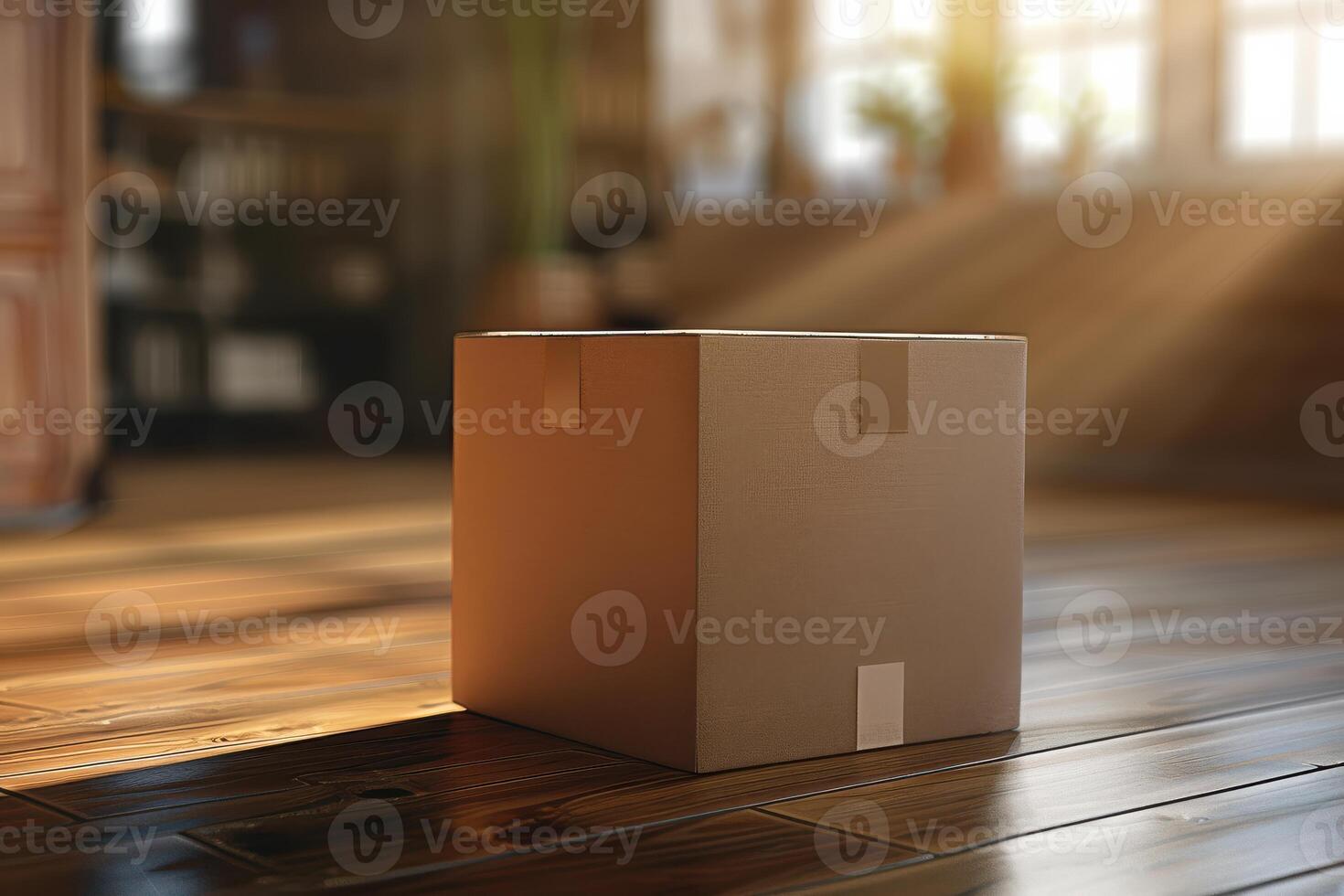 A solitary cardboard box on a wooden floor in a sunlit room during the afternoon photo