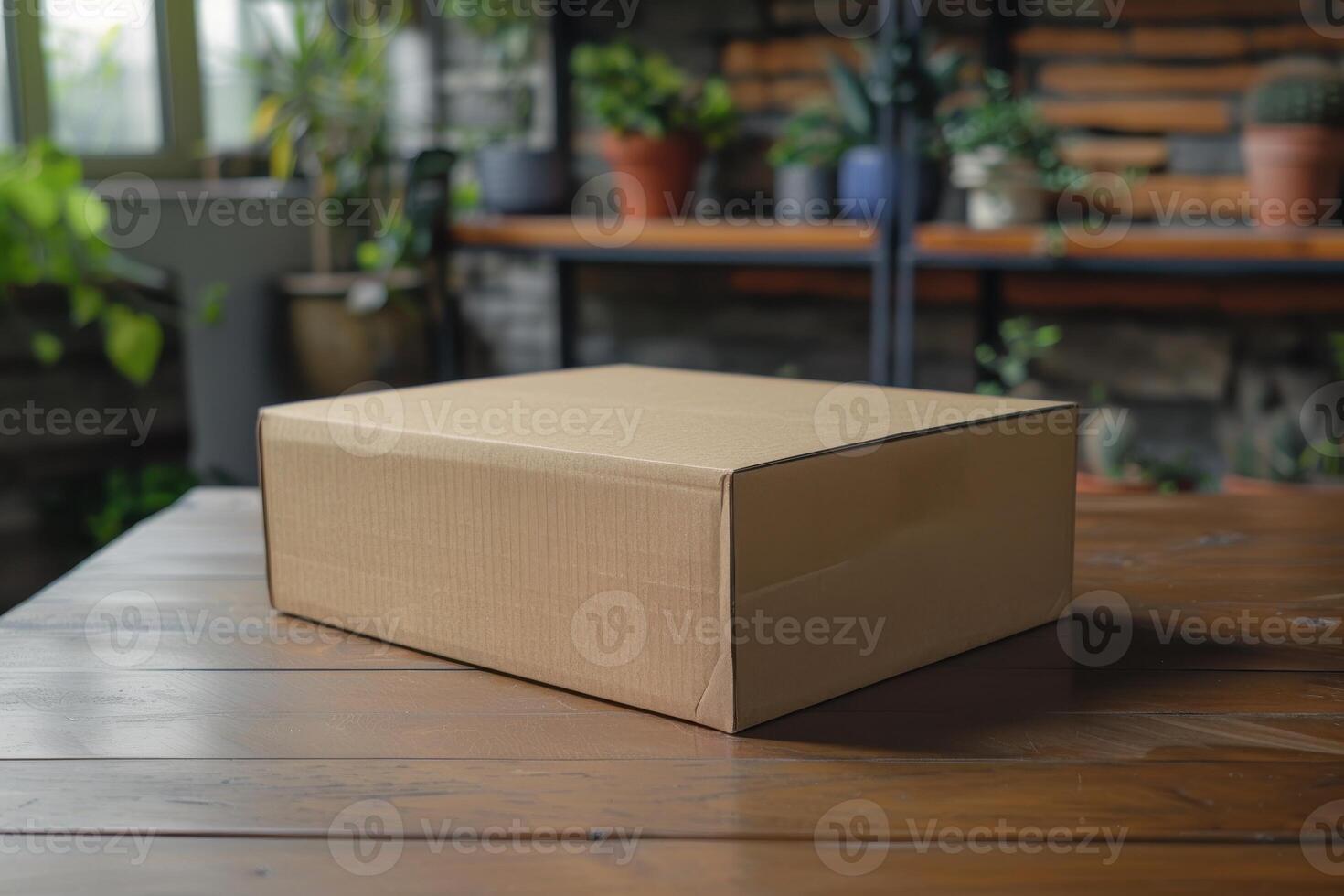 A closed cardboard box placed on a wooden table in a green indoor garden setting during the afternoon photo