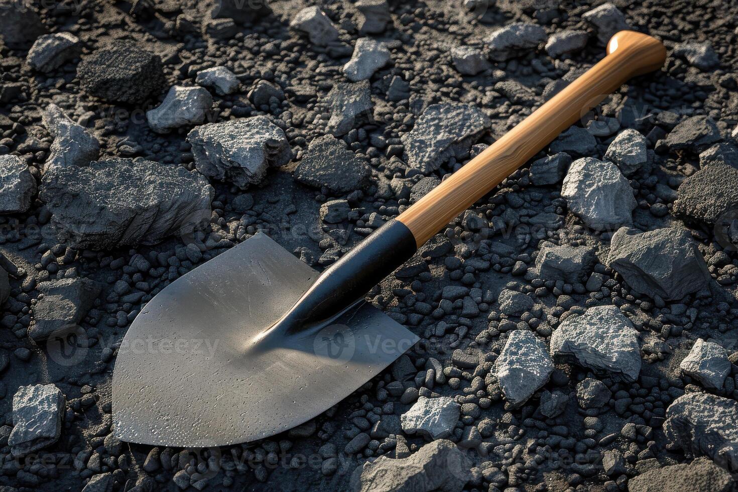 A shovel resting on a gravel surface during daytime showcasing the tools metallic blade and wooden handle photo