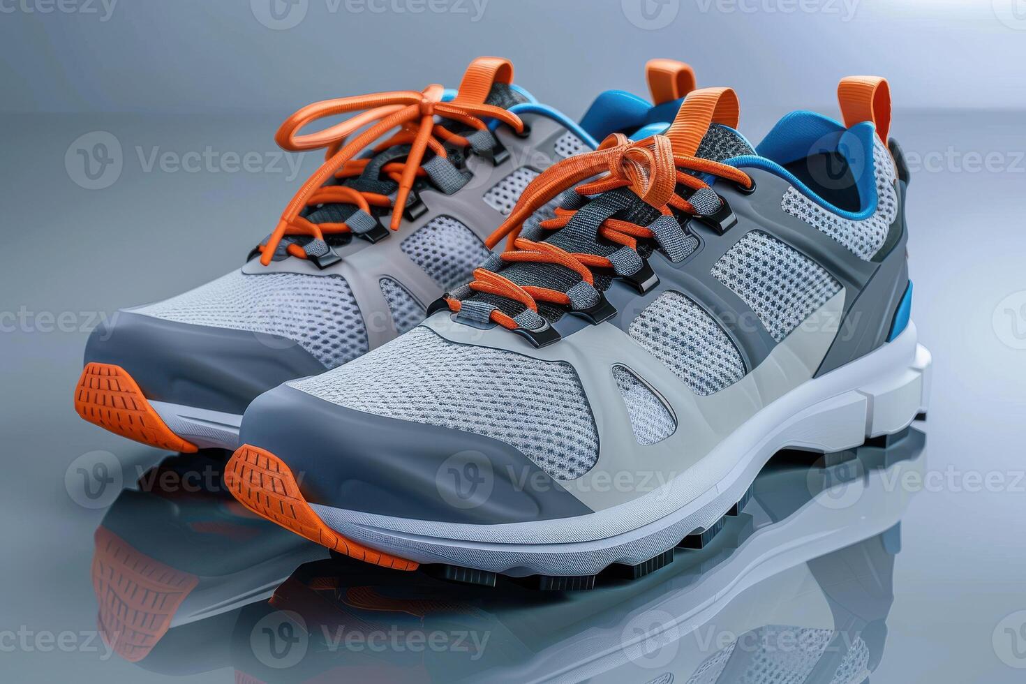 Modern athletic shoes on a reflective surface with orange laces and blue accents photo