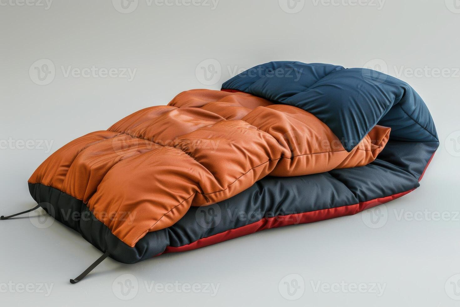 Warm sleeping bag in blue and orange colors folded on a neutral background photo