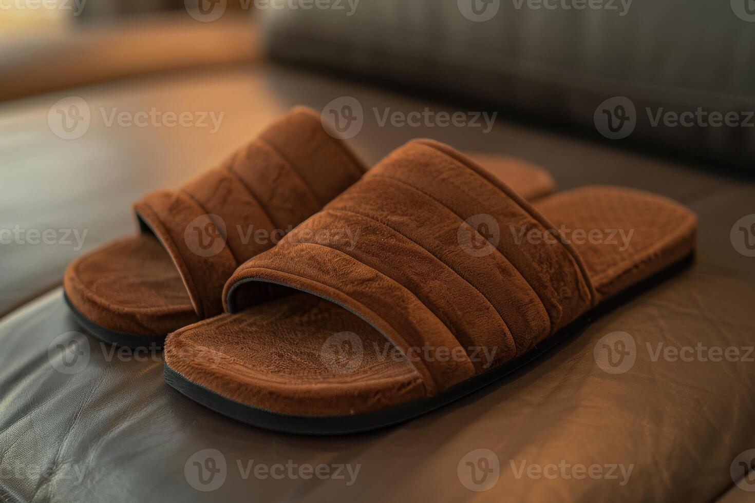 Cozy brown slippers resting on a leather sofa in a warm living room during late afternoon light photo