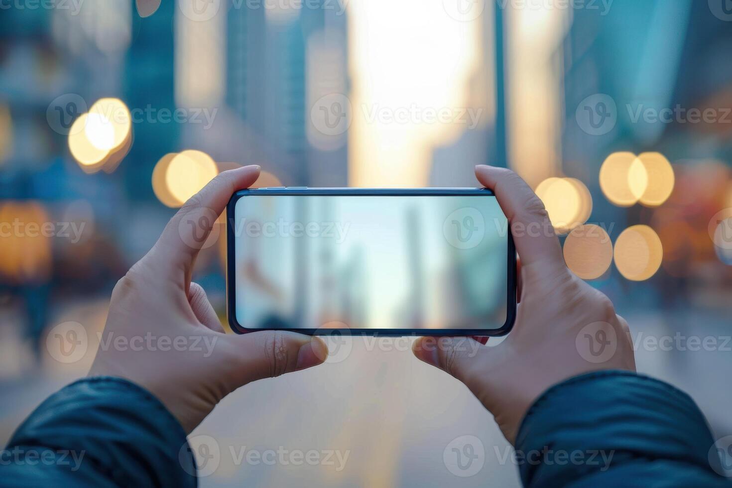 Person capturing a cityscape at sunset with a smartphone amid bright lights and tall buildings photo