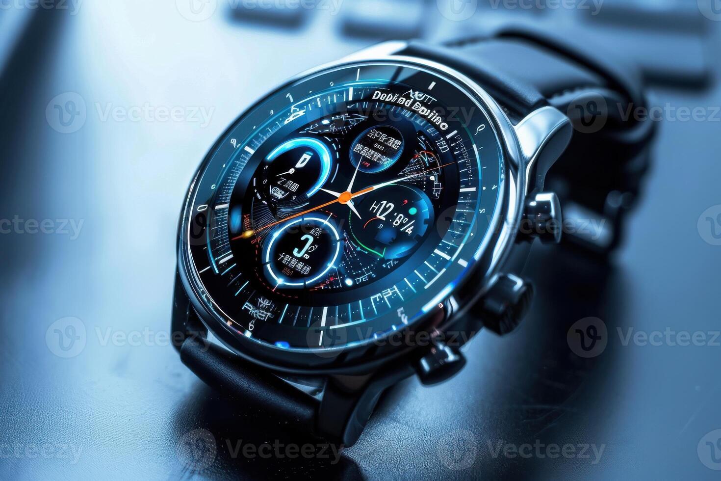 A modern smartwatch displaying time and health metrics on a sleek black surface photo