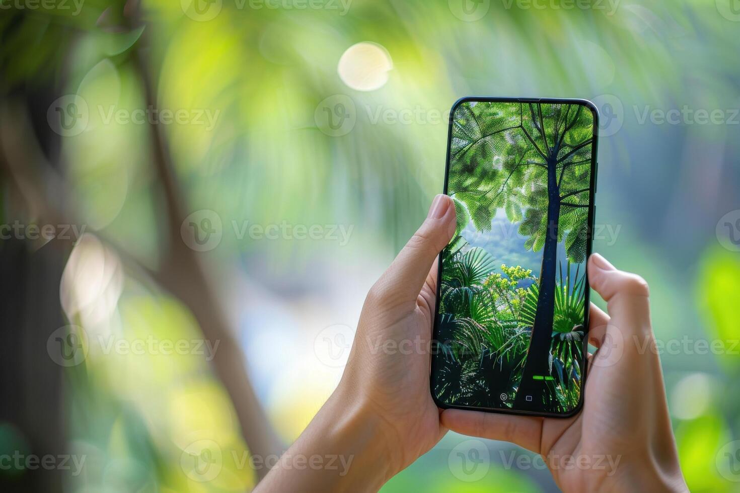 Person holding a smartphone displaying a lush green forest scene with vibrant foliage photo