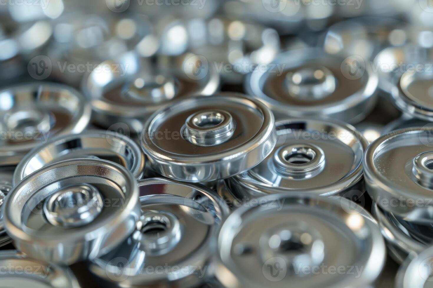 Close-up view of shiny metal weights piled together in a gym setting during the day photo