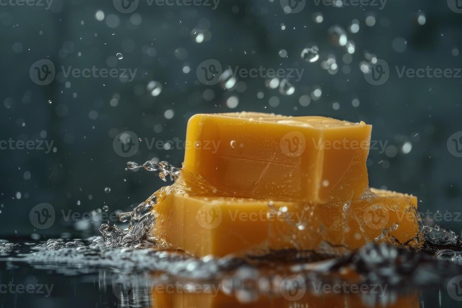 Water splashing over yellow cheese blocks on a dark background, creating a vibrant and dynamic effect photo