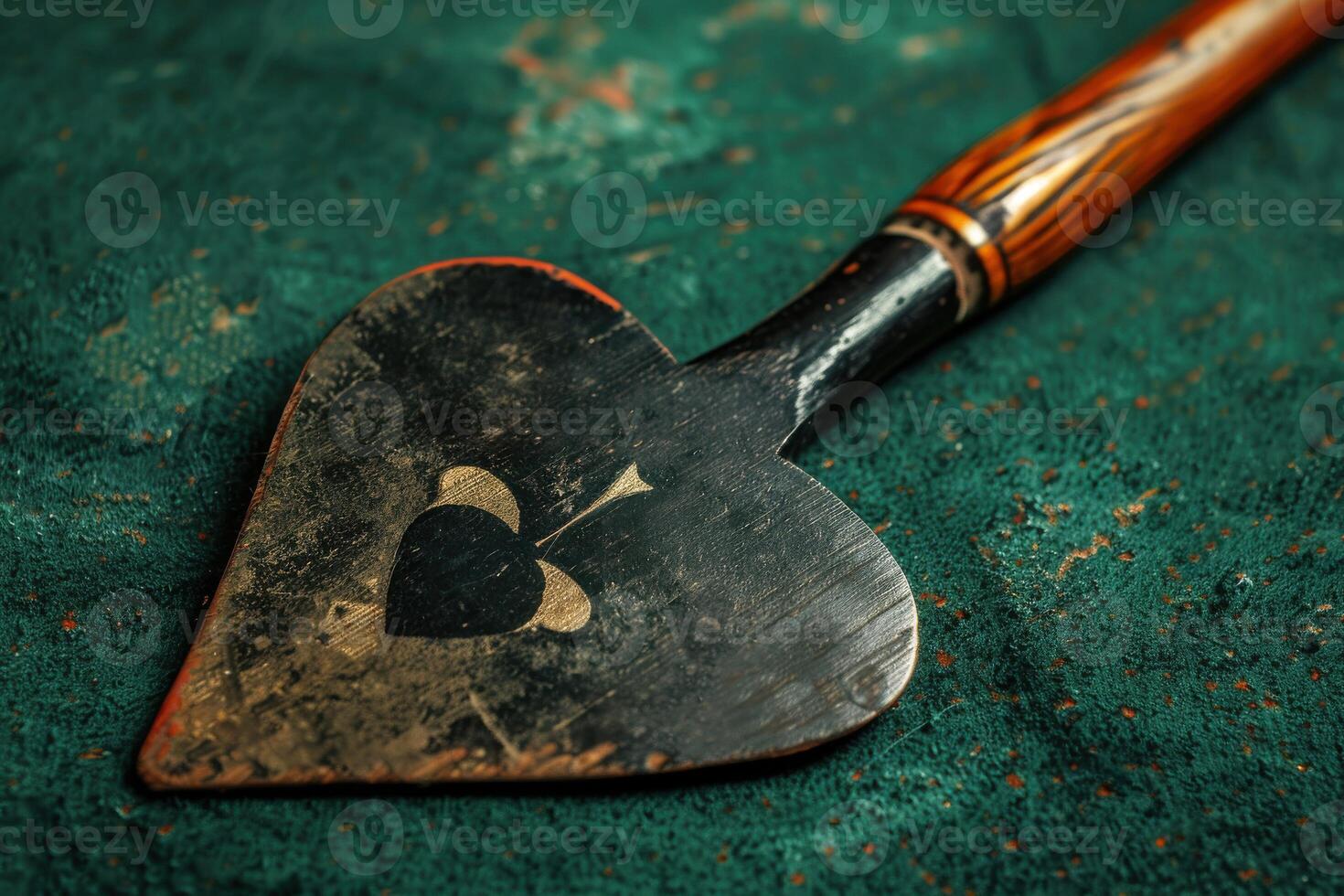 Heart-shaped garden spade resting on a textured green surface photo