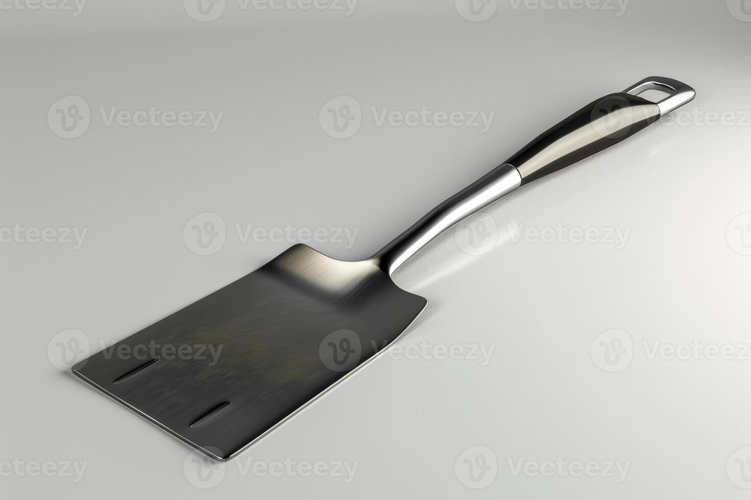 Stainless steel spatula with a black handle resting on a clean, white surface photo