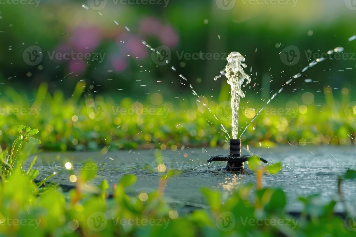 Water sprinkler spraying in a lush garden during daylight photo