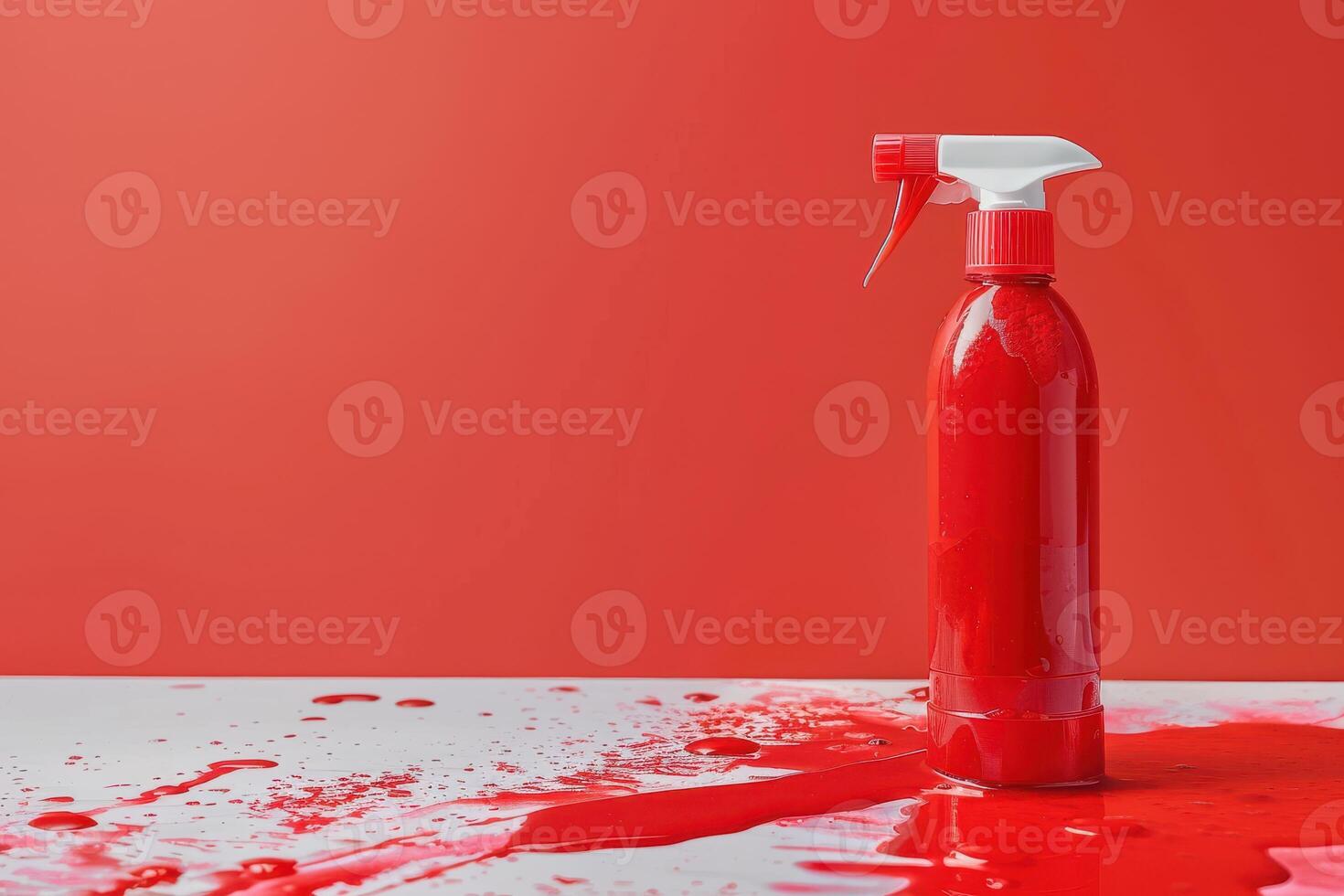 Bright red spray bottle on a white surface with vivid red liquid splattered around, captured in a studio setting photo