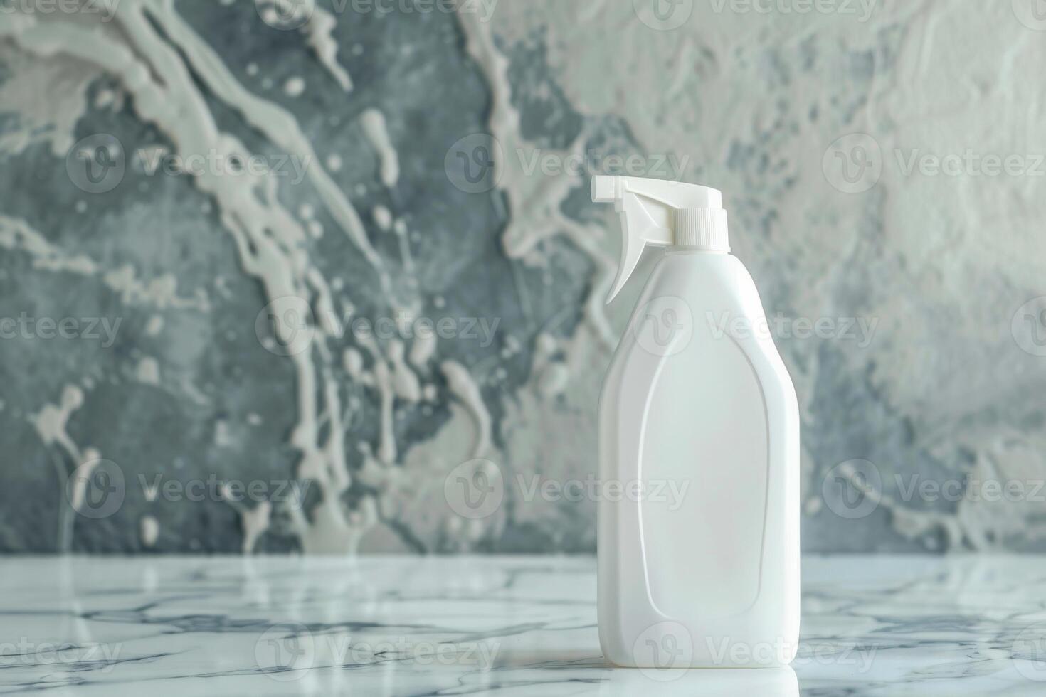 Cleaning spray bottle on a marble countertop with a textured wall in the background photo