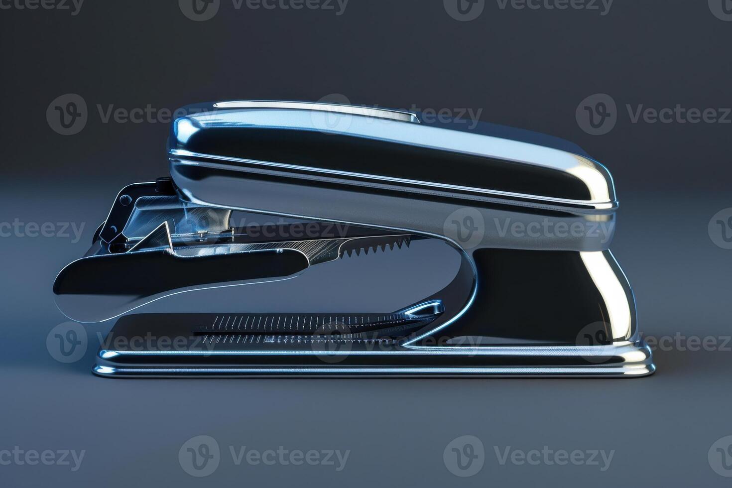 A shiny metal stapler resting on a dark surface in a well-lit workspace photo