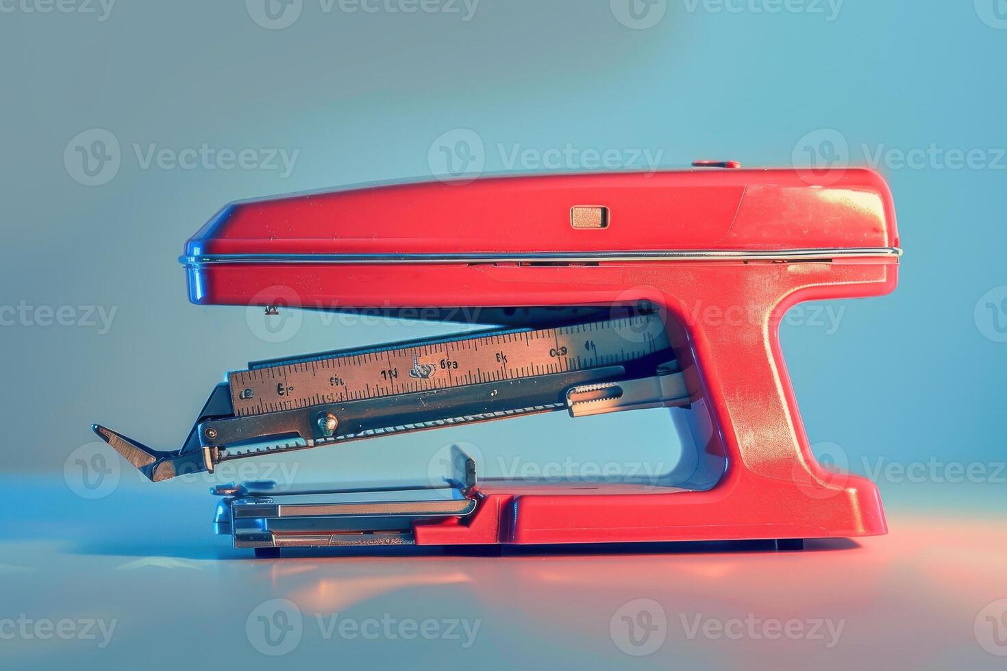 A vintage red stapler with a visible metal mechanism aligned on a colorful background photo