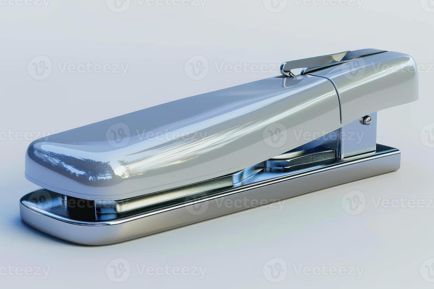 A shiny silver stapler on a clean white background, showcasing its sleek design and ergonomic shape photo