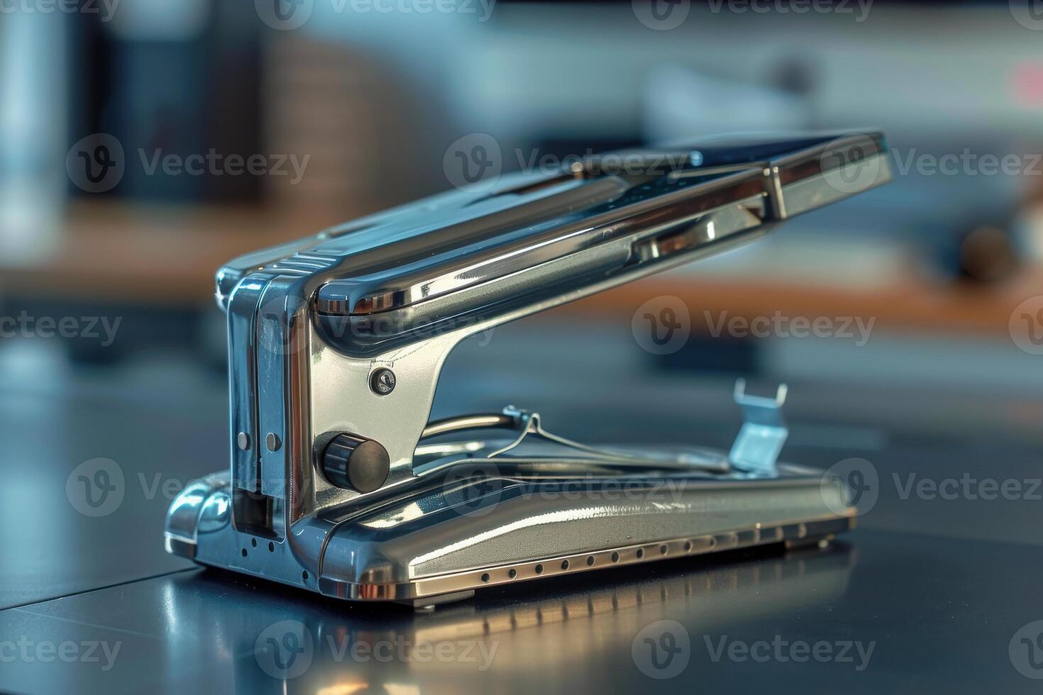 A close-up view of a sleek metallic stapler on a desk in a modern office environment during daylight photo