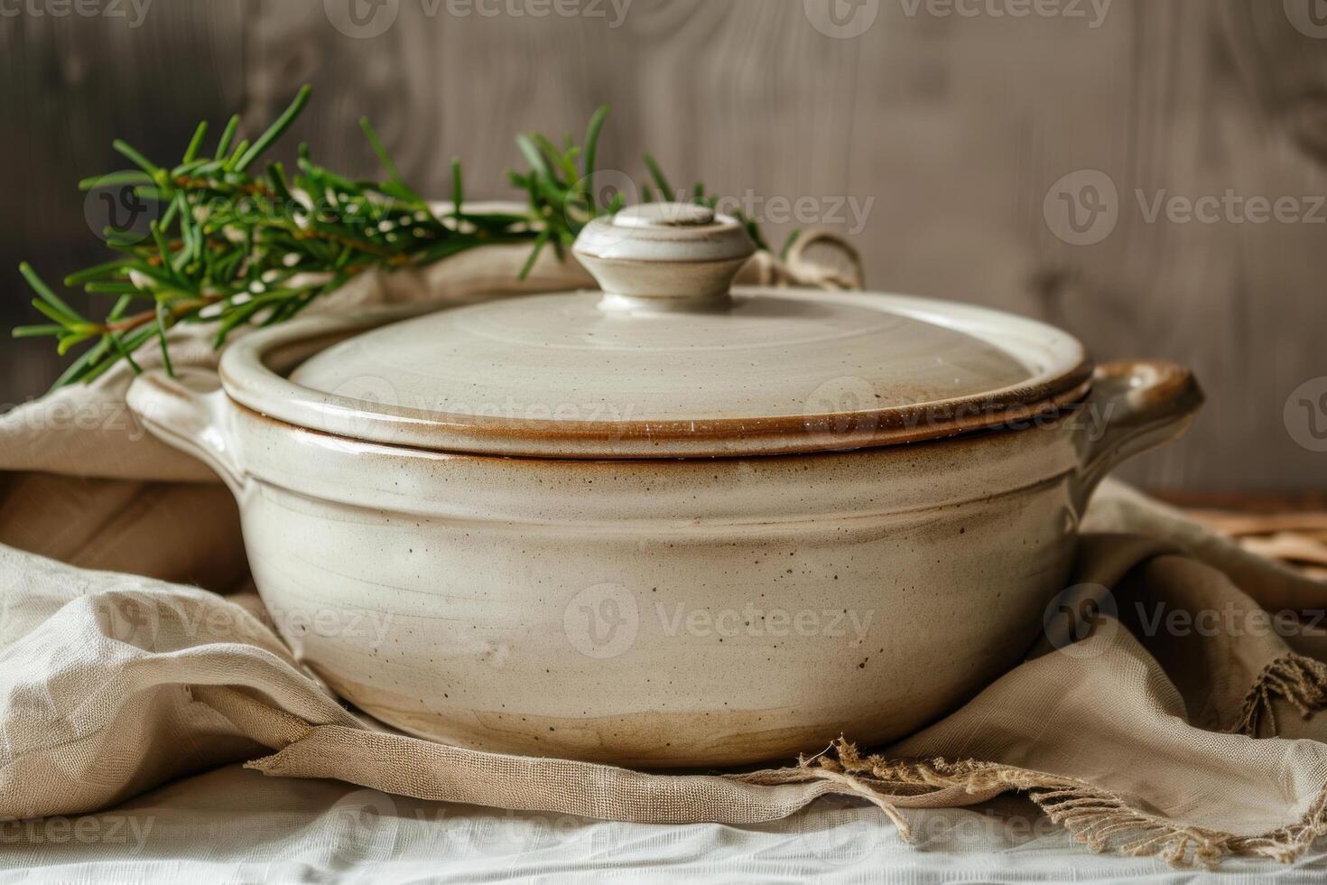 Clay pot with lid resting on a linen cloth and garnished with fresh herbs in a rustic kitchen setting photo