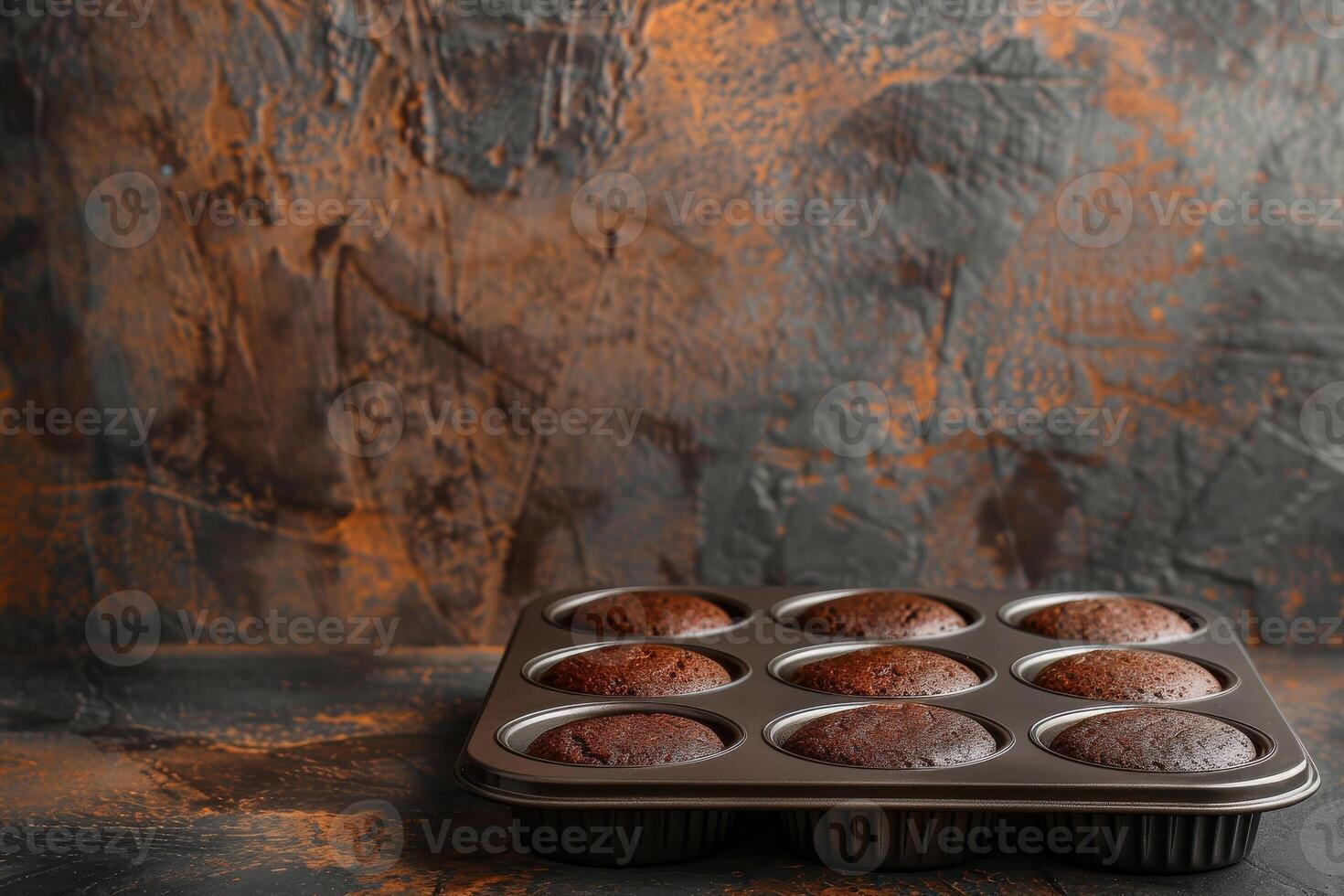 Freshly baked chocolate muffins cooling in a dark metal tray against a textured background photo