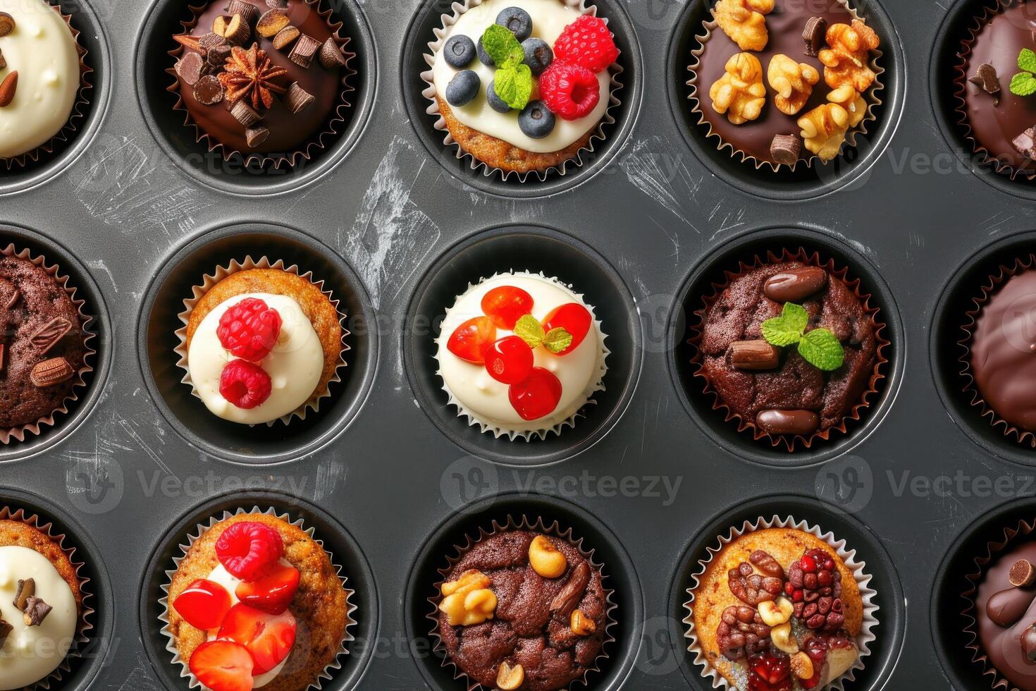 Colorful assortment of decorated cupcakes in a baking tray with various toppings photo