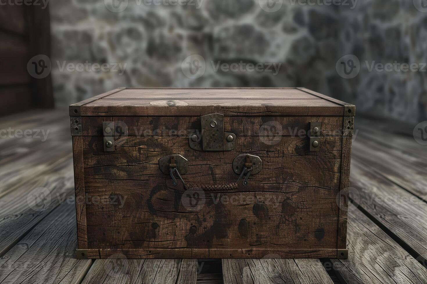 A weathered wooden trunk rests on a rustic wooden floor in a dimly lit room with stone walls photo