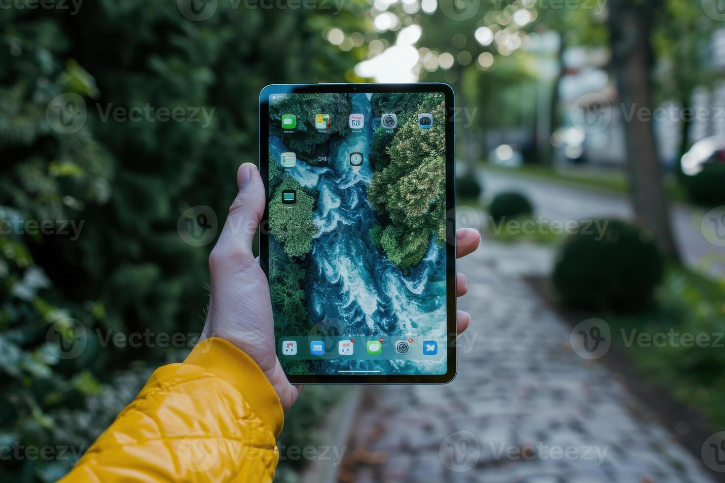 Person holding a tablet displaying a nature wallpaper while walking on a tree-lined path during daytime photo