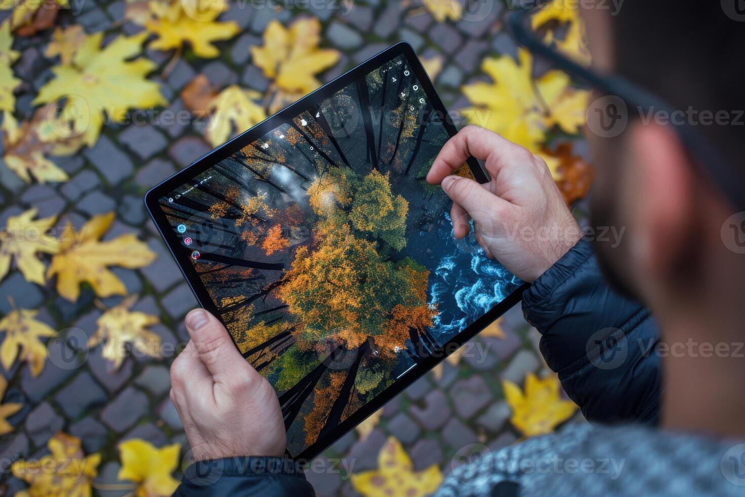 Person using a tablet to view a nature scene surrounded by fallen autumn leaves in a park photo