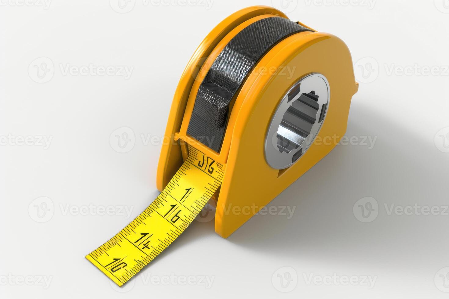 Yellow tape measure with a retractable measuring tape resting on a white surface photo